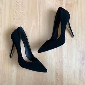 Black Nubuck Pointed Toe Heels with Lace-Up Back